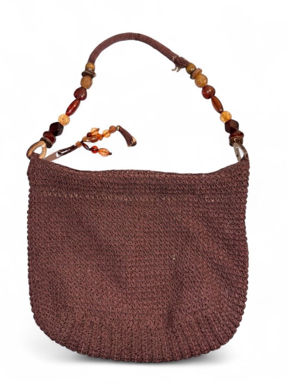 Y2K Capelli of New York Brown Woven Shoulder Bag with Beaded Handle